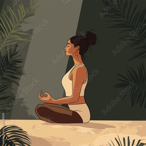 woman meditating, flat vector illustrator art style

