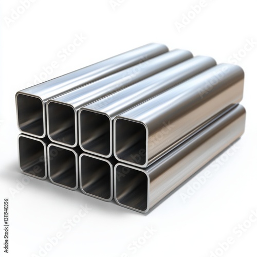Stacked square stainless steel pipes arranged neatly on a clear surface for industrial or architectural use