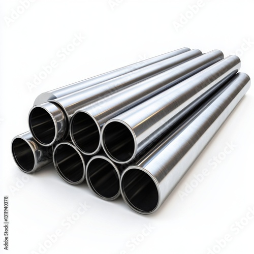 Stacked stainless steel pipes for water supply on a clear white background in industrial setting