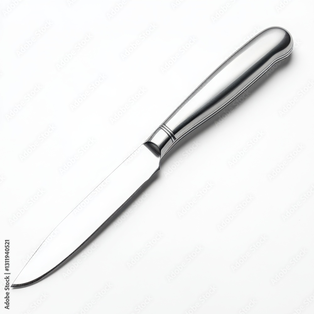 Stainless steel dinner knife resting on a clean white surface in a minimalistic setting