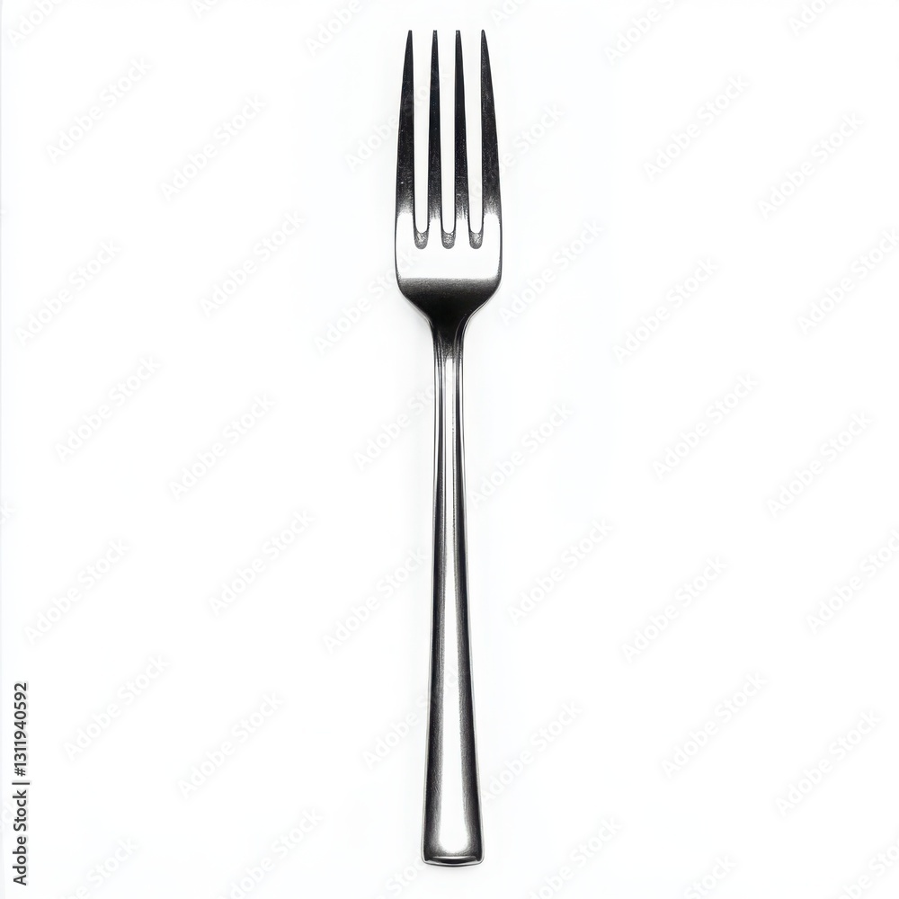 Stainless steel fork and knife placed on a clear white background for culinary presentation or product display Stainless steel fork and knife placed on a clear white background for culinary presentation or product display