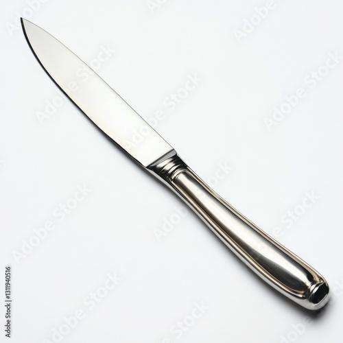 Stainless steel dinner knife on a clear white background for kitchen and dining use