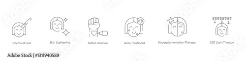 Skin Lightening and Pigmentation Treatment Icons | Chemical Peel, Acne Treatment, LED Light Therapy, and More