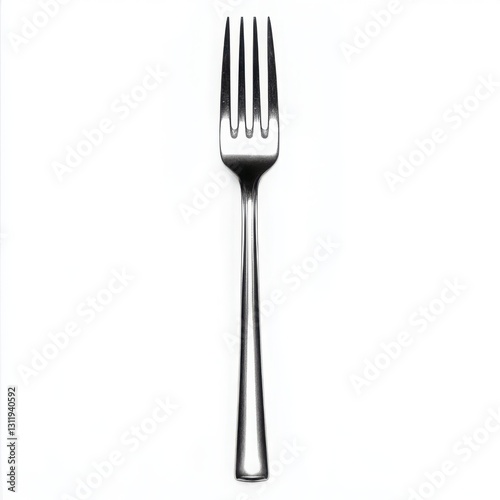 Stainless steel fork and knife placed on a clear white background for culinary presentation or product display