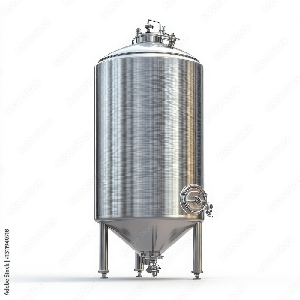 Stainless steel tank with metal handle and silo tank on clear white background for industrial use and storage