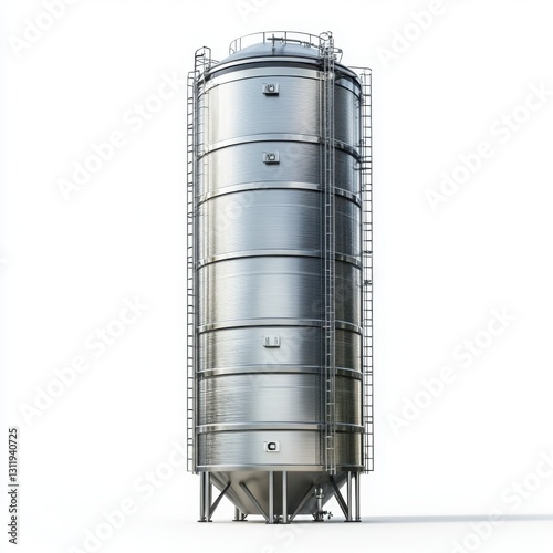 Large stainless steel tank with metal frame on clear white background for industrial applications