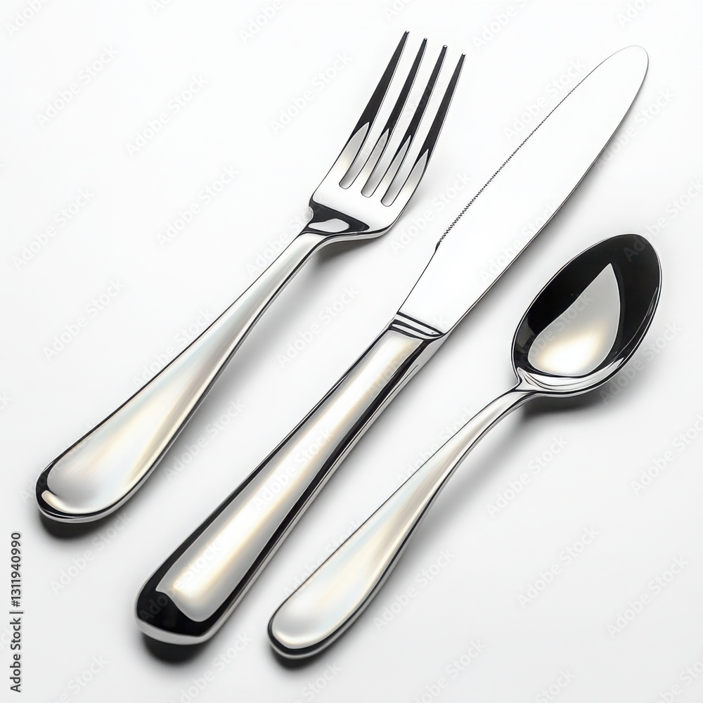 Set of stainless steel cutlery including knife and spoon on clear white background Set of stainless steel cutlery including knife and spoon on clear white background