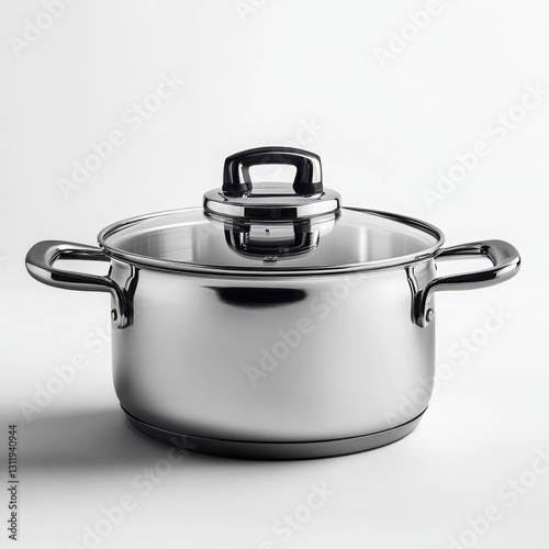 Stainless steel pot with lid on a clean white background showcasing cookware design and functionality