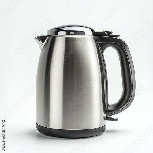 Stainless steel kettle with handle on a clear white background for kitchen or cooking purposes