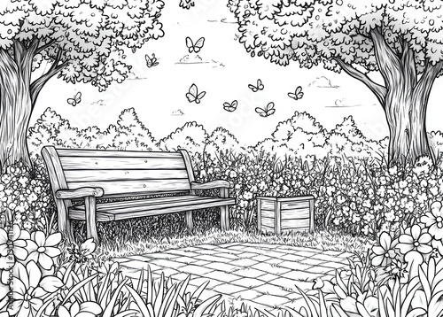 Coloring Illustration of a Peaceful Garden Bench