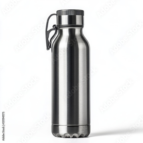 Stainless steel thermos bottle with handle on a clear white background for outdoor and travel use