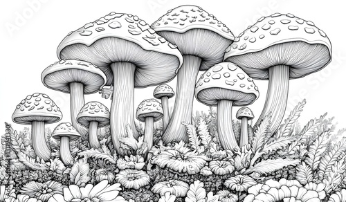 Coloring Illustration of Mushrooms in a Forest Setting