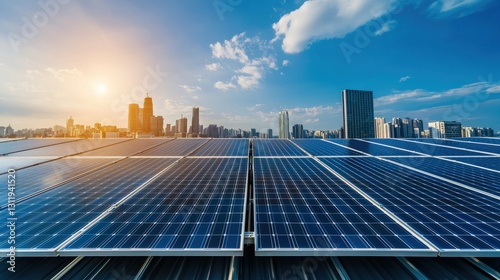 A city skyline with solar panels on rooftops.