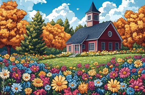 Autumn Meadow with Vibrant Blossoms and Charming Schoolhouse