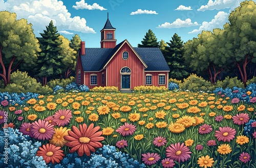 Charming Schoolhouse Amidst a Flourishing Floral Meadow
