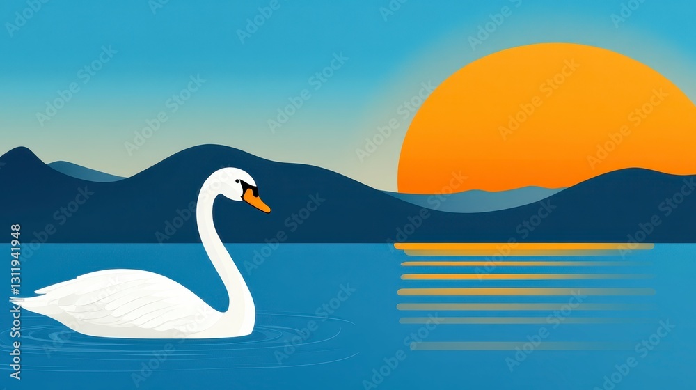 Obraz premium Serene Lake Scene with Elegant Swan and Vibrant Sunset Background