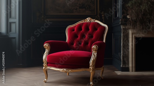 Royal French Louis XVI bergère chair with gilded frame and red velvet photo