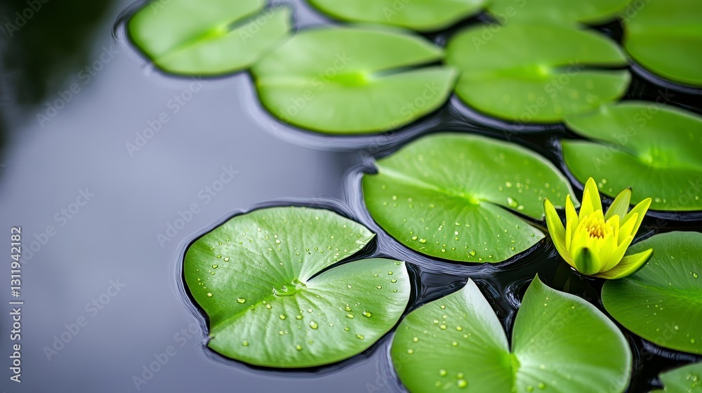 Yellow Water Lily Blooming Among Green Floating Leaves on Water Yellow Water Lily Blooming Among Green Floating Leaves on Water