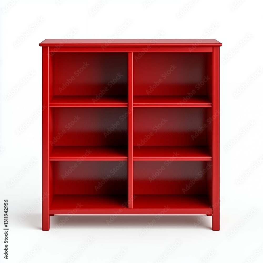 Red Wooden Bookcase with Six Empty Shelves on White Background Red Wooden Bookcase with Six Empty Shelves on White Background