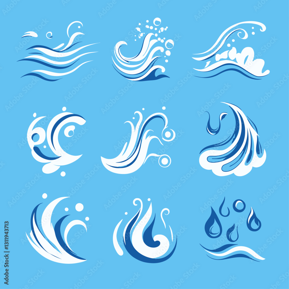 Water Waves Set Vector Icons with Splashes, Bubbles and Water Drops Water Waves Set Vector Icons with Splashes, Bubbles and Water Drops