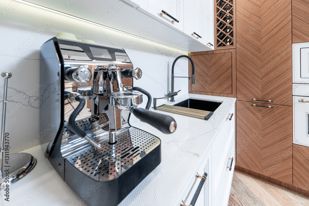 A black espresso machine sits on a counter in a kitchen. The machine is surrounded by a white countertop and a sink. The kitchen is well-lit and has a modern, clean look A black espresso machine sits on a counter in a kitchen. The machine is surrounded by a white countertop and a sink. The kitchen is well-lit and has a modern, clean look