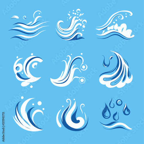Water Waves Set Vector Icons with Splashes, Bubbles and Water Drops