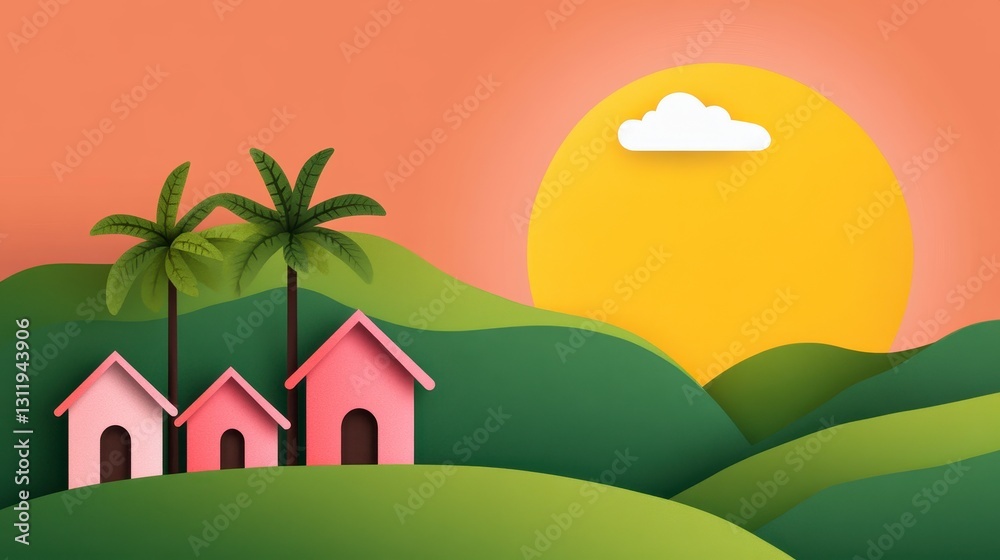 Obraz premium Vibrant Landscape with Colorful Houses and Setting Sun