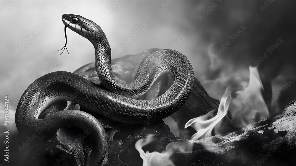 Obraz premium Dramatic Black and White Snake Portrait with Smoke and Fire Elements