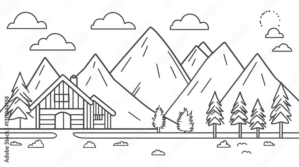 Naklejka premium Mountain Landscape with Chalet, Simple Line Drawing