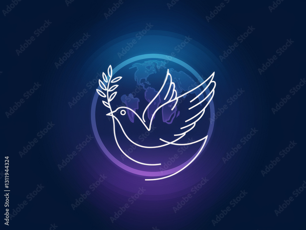 Obraz premium Neon peace dove with olive branch overlaying earth globe on dark background
