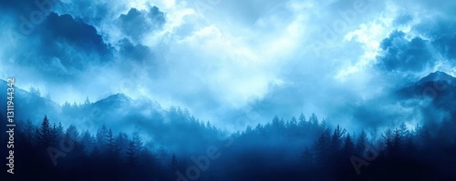 Dark blue background banner with clouds- misty atmosphere- fantasy- cinematic landscape
