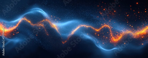Abstract background banner with sound waves- blue and orange colors- glowing particles- dark sky-blue and navy.