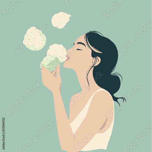 Woman savoring ice cream, plain background, flat vector art style.