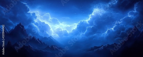 Dark blue background banner with clouds- misty atmosphere- fantasy- cinematic landscape
