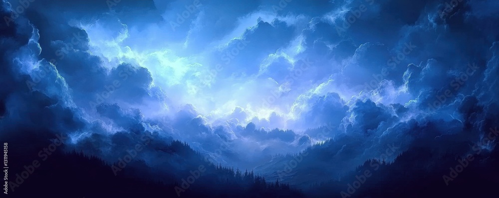 Fototapeta premium Dark blue background banner with clouds- misty atmosphere- fantasy- cinematic landscape