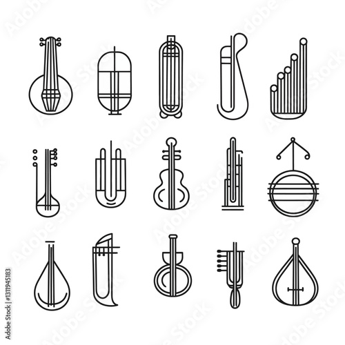 Set of minimalist line art stringed musical instruments vector icon