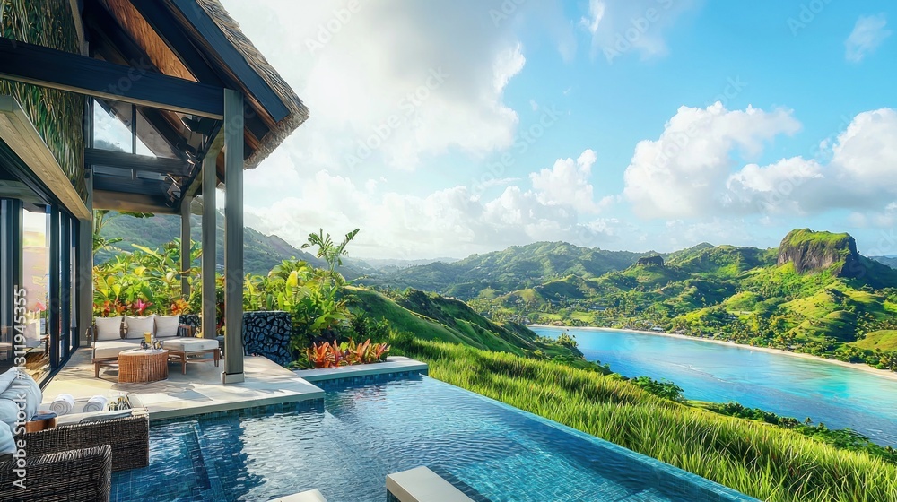 Fototapeta premium Luxurious infinity pool overlooking tropical valley in a modern villa