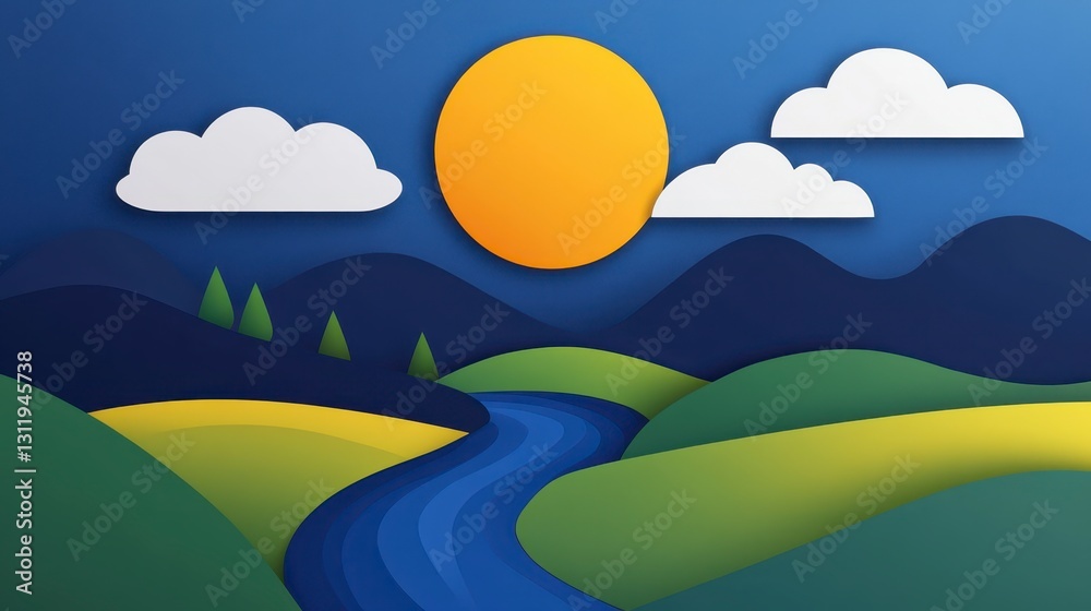 Fototapeta premium Vibrant Paper Cut Landscape with Blue River and Sunny Sky