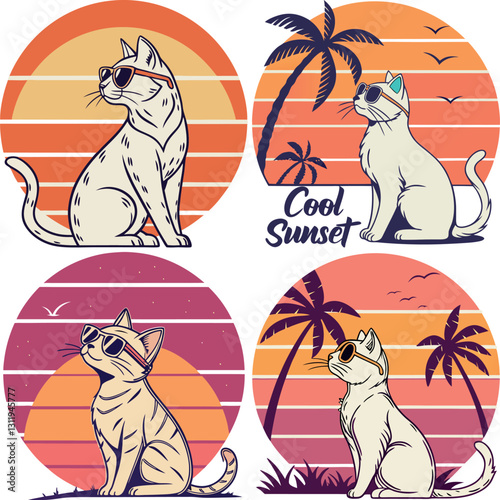 Cool Cats at Sunset: A collection of four stylish cats, each adorned with sunglasses, soaking up the vibes of a colorful sunset setting, perfect for summer