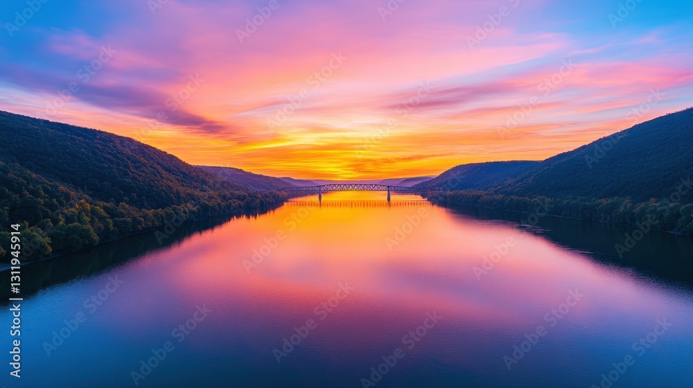 Fototapeta premium A stunning sunset over a calm river, framed by rolling hills and a bridge, showcasing vibrant colors and serene reflections.