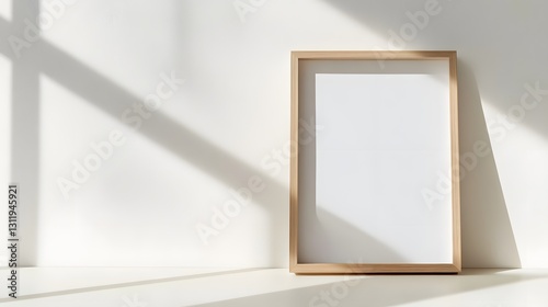 Wooden frame with white blank canvas leans against white wall
