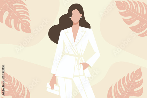 Faceless woman in a sleek white suit minimalistic flat vector illustration.