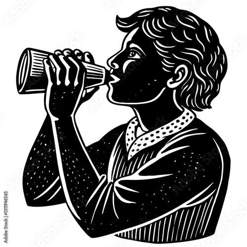 Person drinking water in silhouette style against a dark background