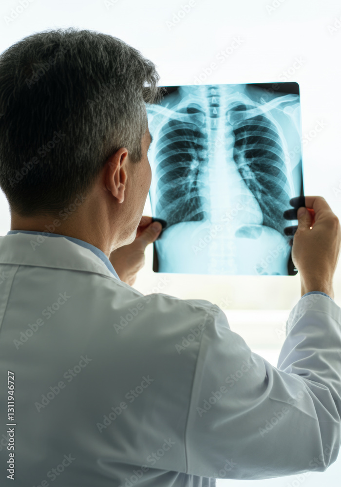 Fototapeta premium Male doctor analyzing chest x-ray image for medical diagnosis in hospital setting
