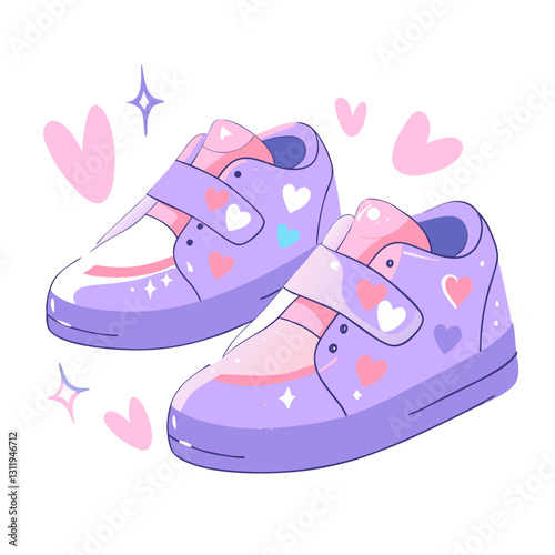 Minimalist vector illustration of cute heart-patterned sneakers in pastel colors, symbolizing fashion, comfort, and playful style. Modern and adorable design.