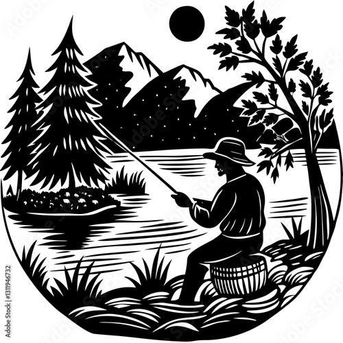 Person fishing by a lake against a mountain background