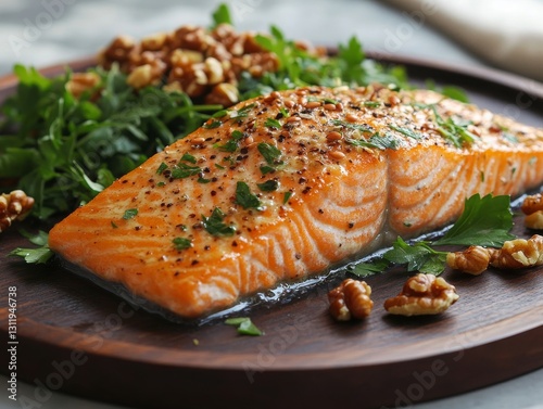 Deliciously Grilled Salmon Fillet with Fresh Herbs and Walnuts on a Rustic Wooden Platter, a Healthy and Flavorful Meal.