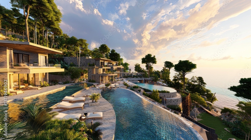 Fototapeta premium Luxury hillside resort, infinity pools, scenic ocean view, sunrise