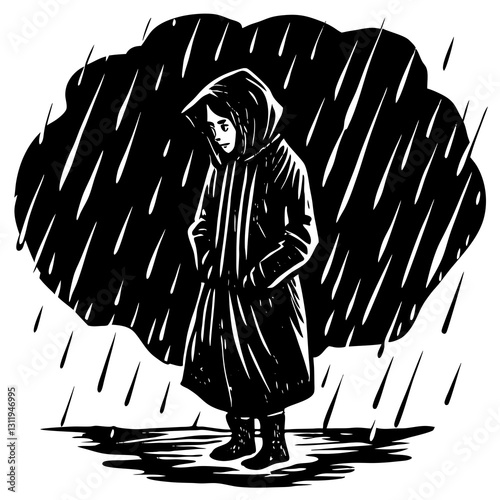 Person in the rain standing thoughtfully under a gloomy sky