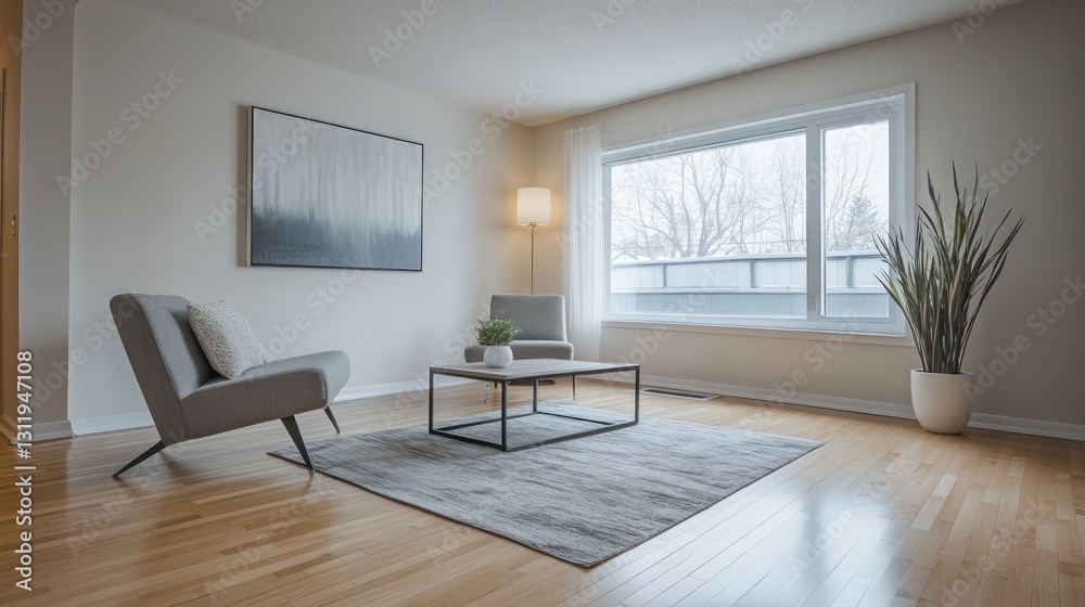Fototapeta premium Modern living room with art, view, and plants. Interior design inspiration